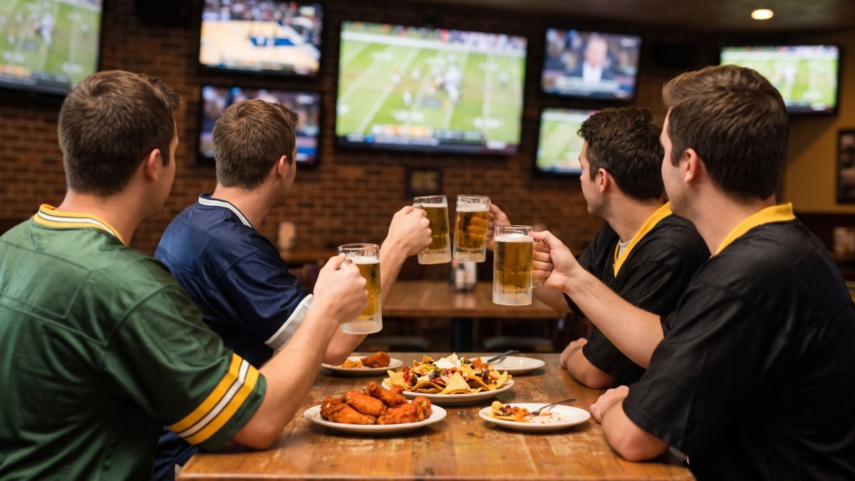 Fans in rival jerseys watching the NFL at a sports bar in Nuevo Vallarta