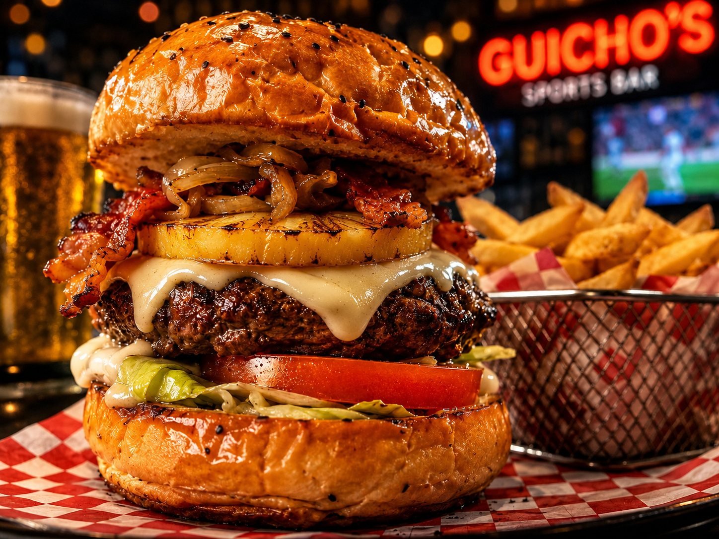 Hamburguesa Guicho's con tocino, piña asada y queso, con papas y cerveza