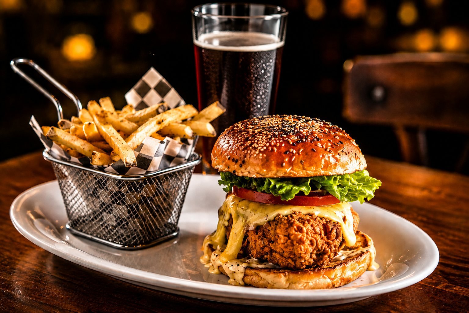 Hamburguesa de pollo crujiente con queso, papas a la francesa y cerveza en Guicho's Sports Bar